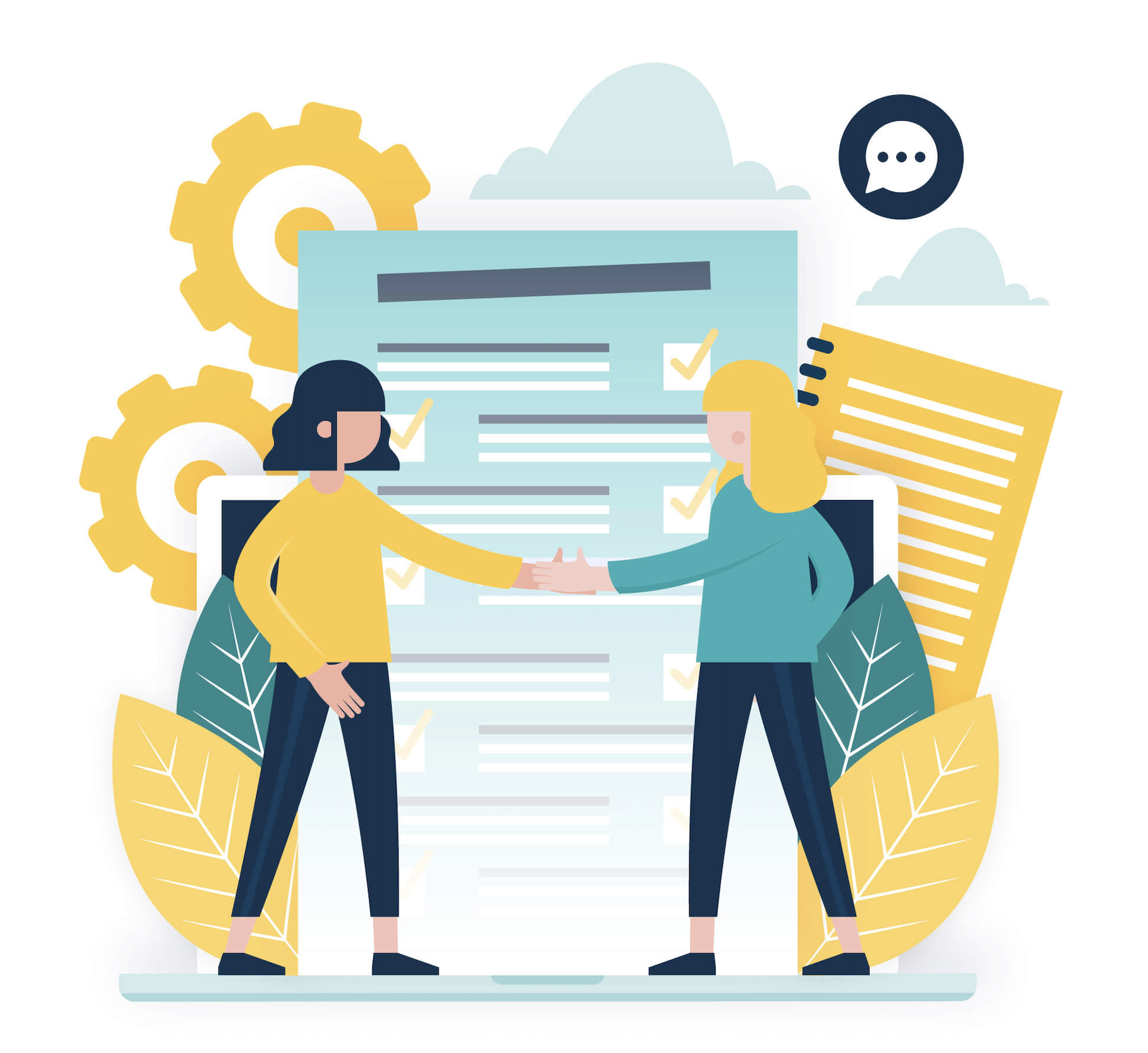 Illustrative graphic on the topic of a letter of commitment: Two people shaking hands in front of a document